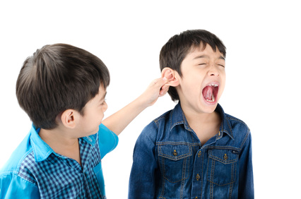 Little sibling boy fighting by pulling ear his brother on white background